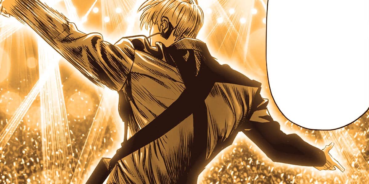 Ilustrasi Sweet Mask di masa lalu dengan rambut pirang dan ekspresi serius dalam serial One Punch Man.