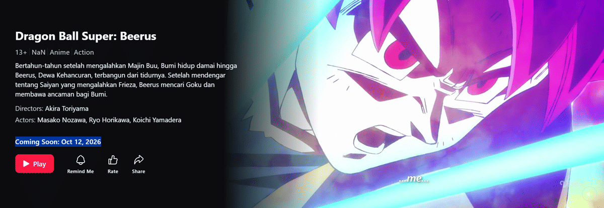 Tampilan halaman Dragon Ball Super: Beerus di platform Vidio dengan informasi tayangan anime yang tersedia.