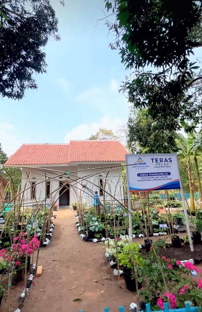 Pemandangan Desa Helau Margo Rejo di Kecamatan Jatiagung, Kabupaten Lampung Selatan, dilihat dari udara.