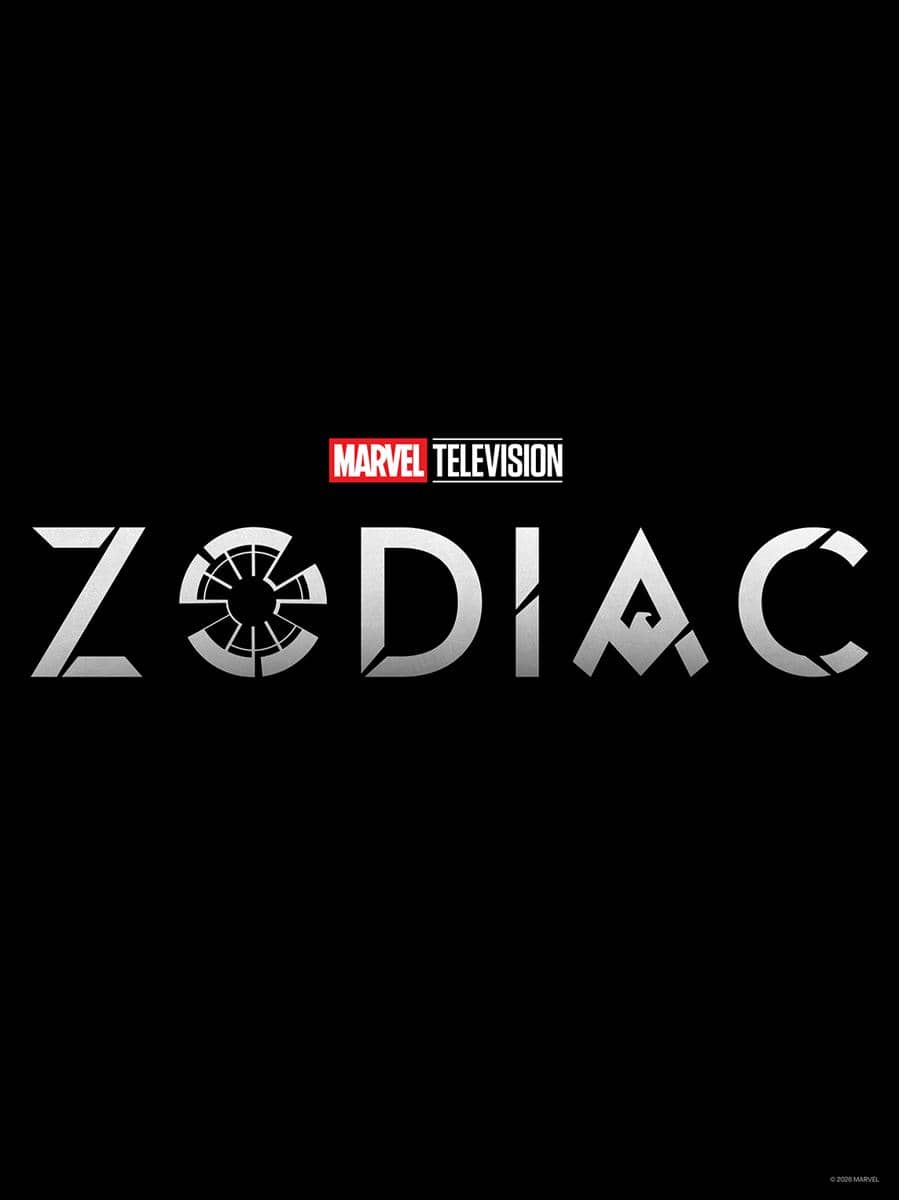 Poster serial Marvel Zodiac dengan judul besar berwarna emas di latar gelap bernuansa kosmik dan cahaya.