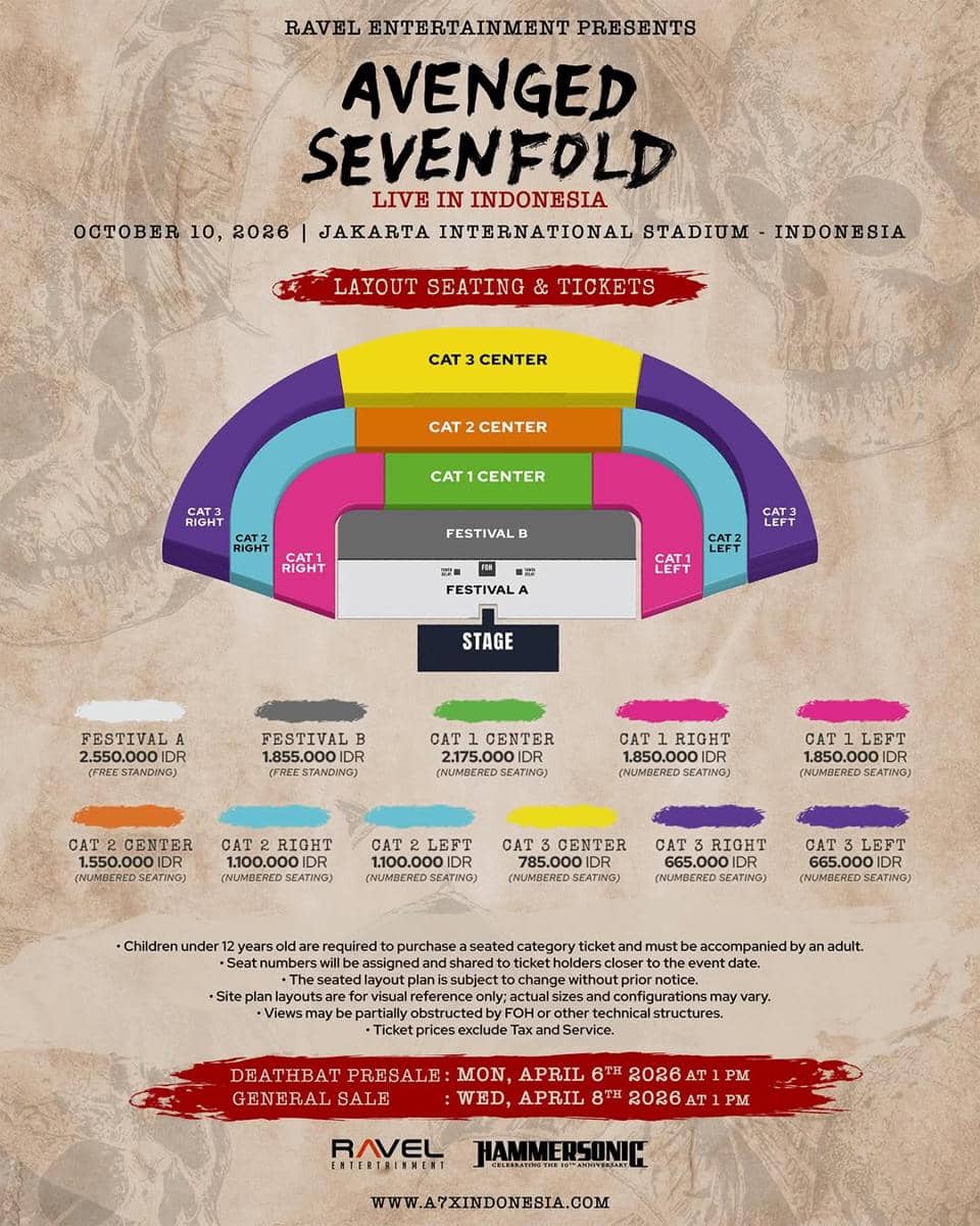 Avenged Sevenfold tampil di atas panggung dengan pencahayaan konser dalam pertunjukan di Jakarta pada 2026.