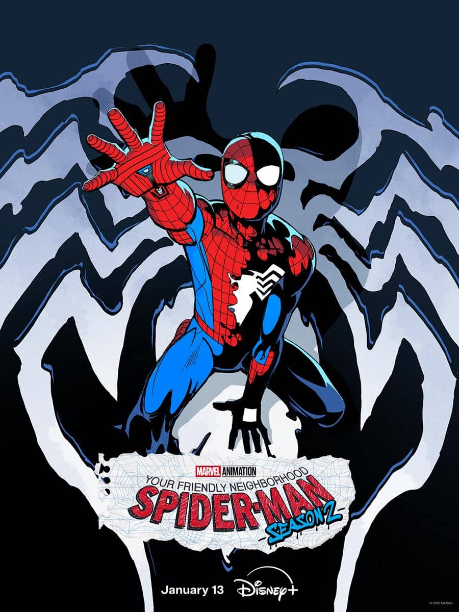 Poster Your Friendly Neighborhood Spider-Man musim kedua dari Marvel Studios dengan Spider-Man berkostum merah dan biru.