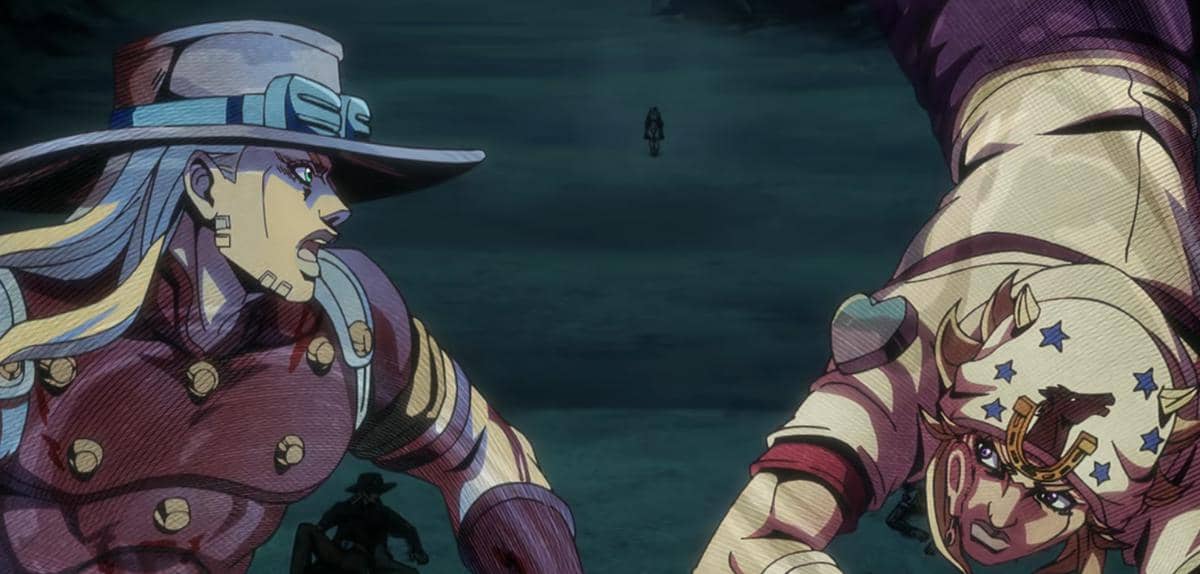 Gyro dan Johnny tampak panik ketika Tim mendekat dalam adegan anime Steel Ball Run dari Netflix yang menegangkan.