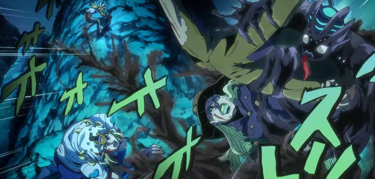Laurence mengeluarkan Stand miliknya dalam adegan anime Steel Ball Run produksi Netflix yang penuh ketegangan.
