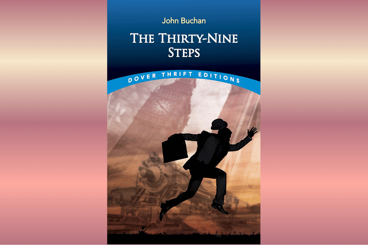 Sampul buku The Thirty-Nine Steps dengan judul berbahasa Inggris yang merujuk pada halaman Waterstones.