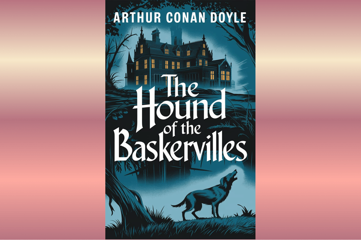 Sampul buku The Hound of the Baskervilles karya Arthur Conan Doyle dengan ilustrasi anjing hitam di latar gelap.