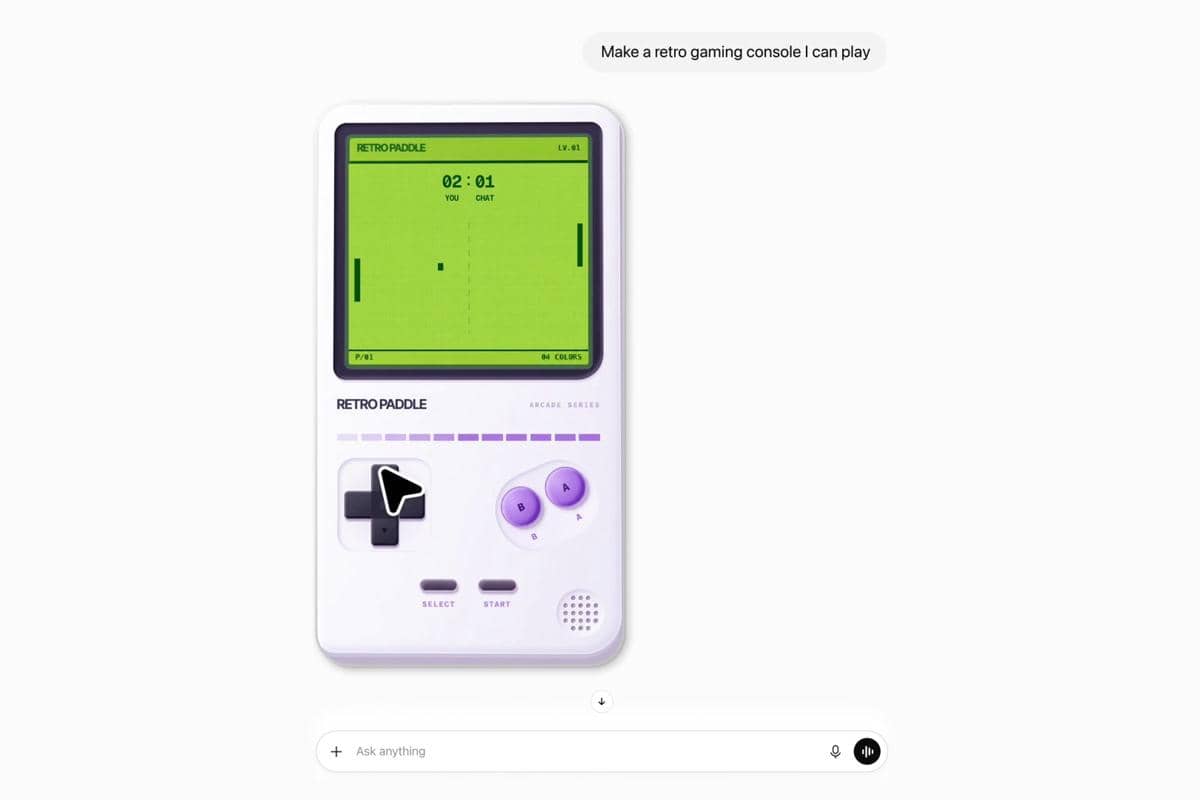 Antarmuka percakapan ChatGPT yang secara langsung menghasilkan konsol game retro interaktif siap main berdasarkan permintaan pengguna.