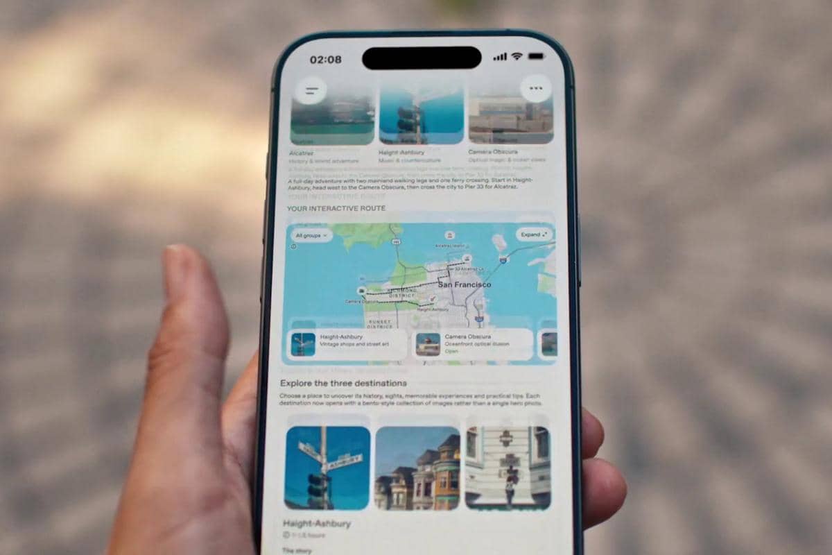 Peta panduan wisata San Francisco pada smartphone yang memadukan titik navigasi geografis dan kartu destinasi unggulan.