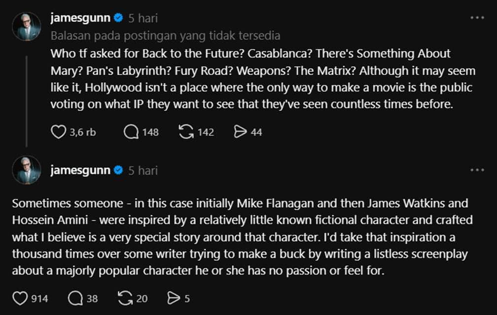 Tangkapan layar unggahan James Gunn di Threads yang memasang badan untuk Clayface di tengah hujatan.