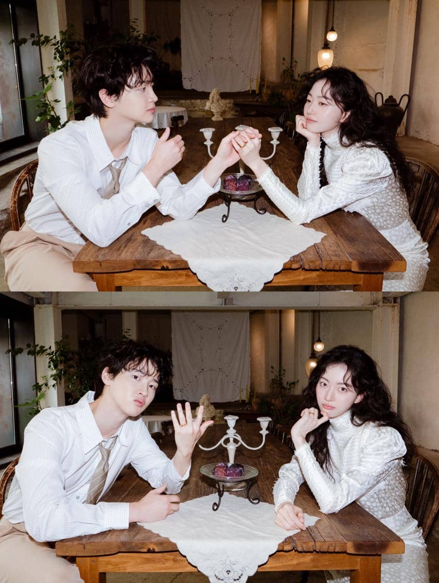 Jang Dong Yoon dan Kim Seung Yoon berpose mesra dalam potret prewedding dengan busana formal elegan.