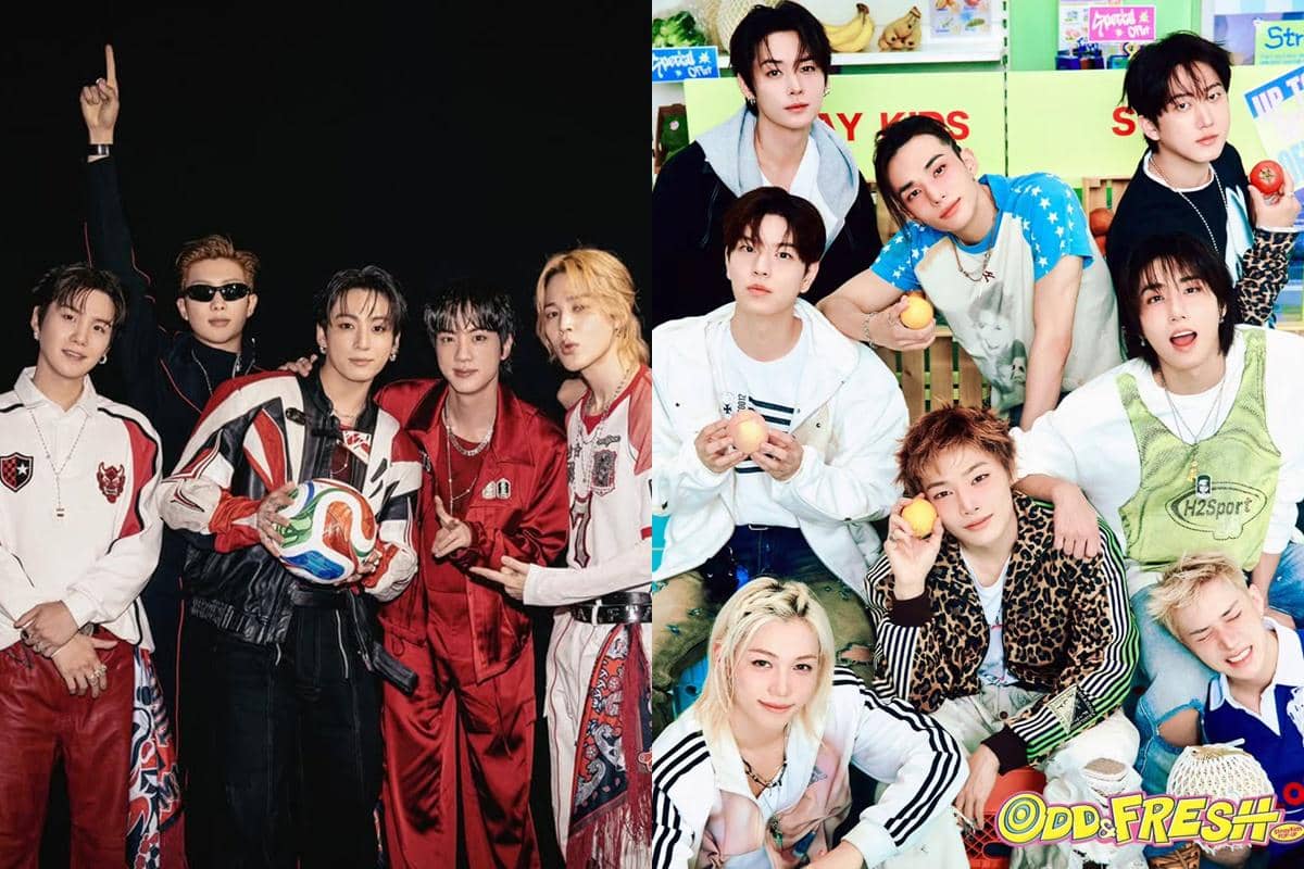 Kolase potret grup K-pop BTS dan Stray Kids, menampilkan para anggota dalam dua foto terpisah yang berbeda.