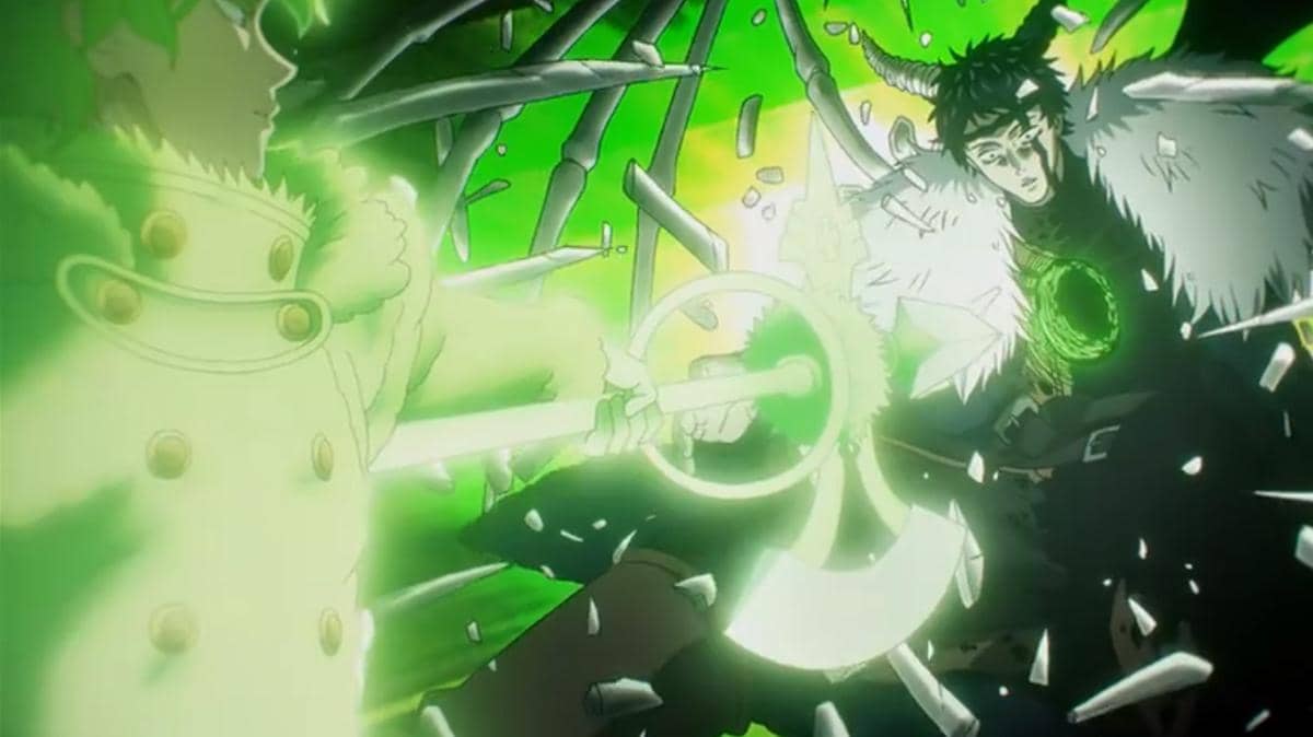 Yuno dalam wujud Boreas melancarkan serangan ke arah Zenon dengan kekuatan sihir angin dalam adegan Black Clover Season 2.