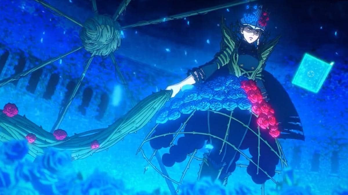 Charlotte menahan Vanica di dalam kurungan duri mawar yang menjulang dalam adegan anime Black Clover Season 2.