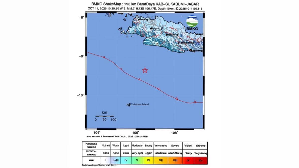 GEMPABUMI TEKTONIK M5,7 DI LAUT SELATAN SUKABUMI, JAWA BARAT, TIDAK BERPOTENSI TSUNAMI (Dok. BMKG)