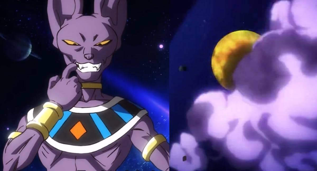 Beerus melayang di angkasa saat menghancurkan setengah planet dengan energi dahsyat dalam Dragon Ball Super.