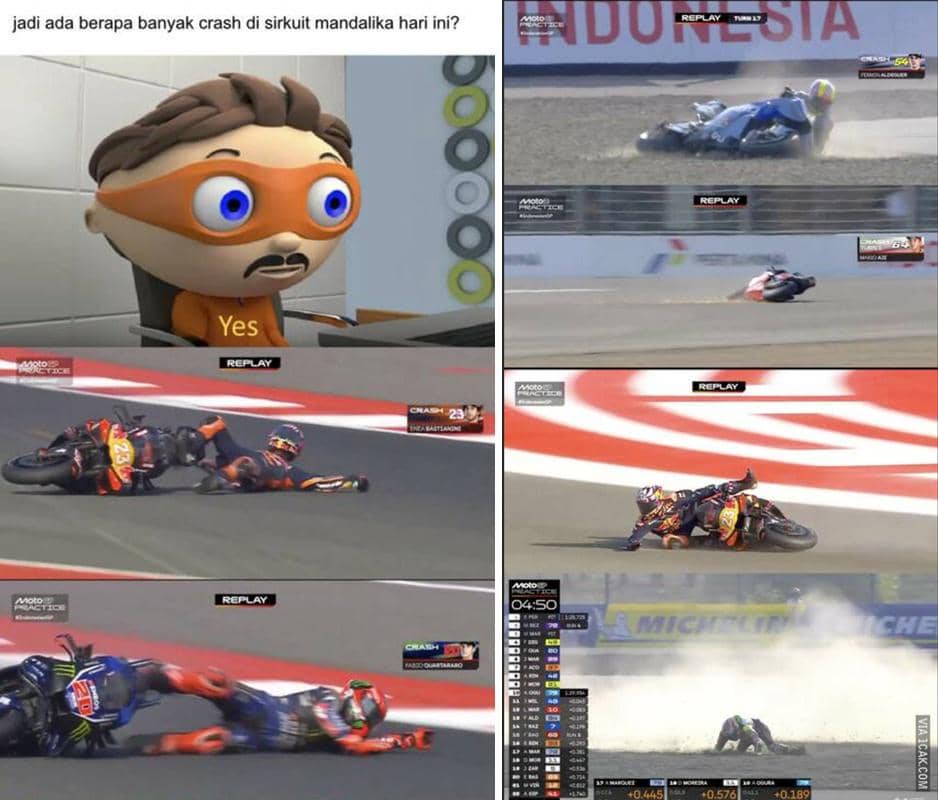 Meme bertema MotoGP Mandalika 2026 dengan ilustrasi humor yang dipublikasikan melalui situs 1cak.com.