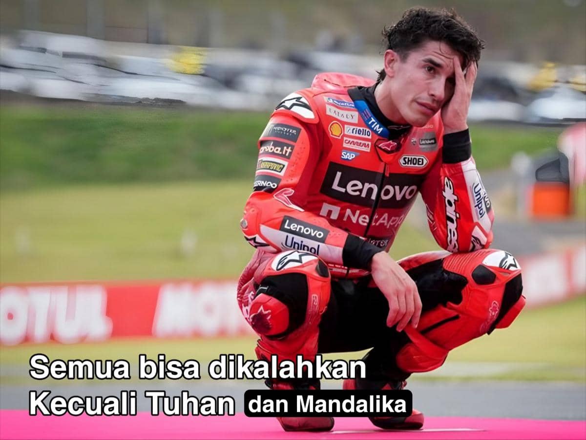 Meme bertema MotoGP Mandalika 2026 yang diunggah akun X @lamberesing, berisi humor terkait ajang balap tersebut.