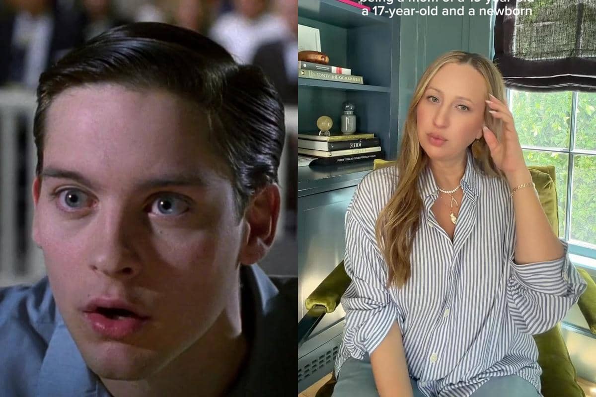 Tobey Maguire dan Jennifer Meyer dalam dokumentasi yang dikreditkan kepada New Line Cinema, Pleasantville, dan Instagram.