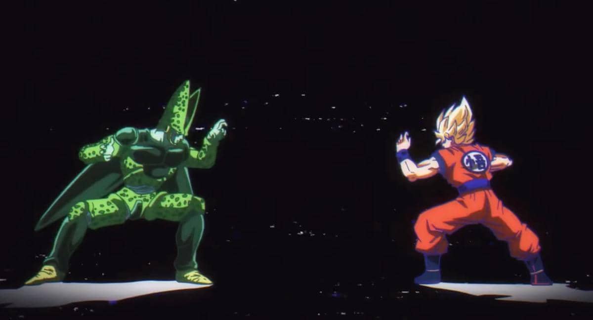 Goku berdiri di lanskap berbatu sambil membayangkan pertarungan sengit melawan Cell dalam Dragon Ball.