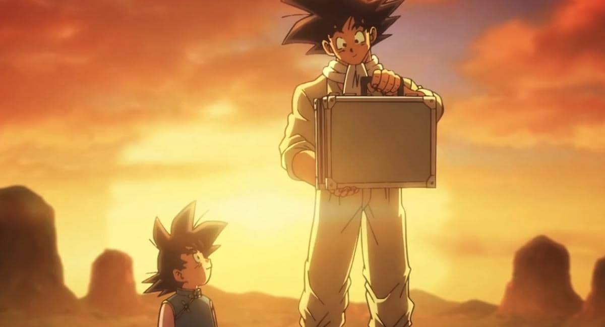 Goku menerima setumpuk uang dari Mr. Satan dalam adegan Dragon Ball Super: Beerus produksi Toei Animation.