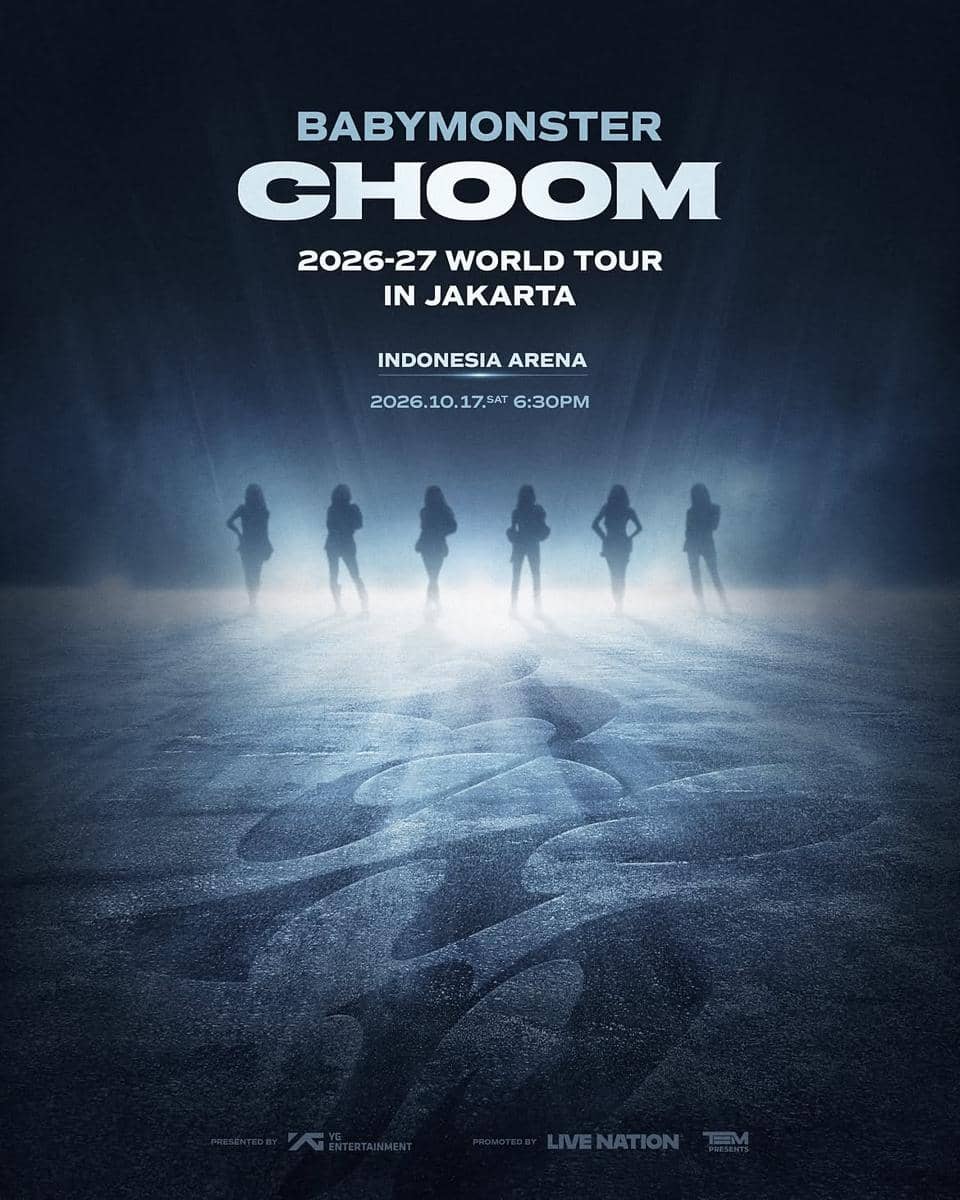 Poster pengumuman konser BABYMONSTER WORLD TOUR [CHOOM] IN JAKARTA dengan informasi tur grup BABYMONSTER.