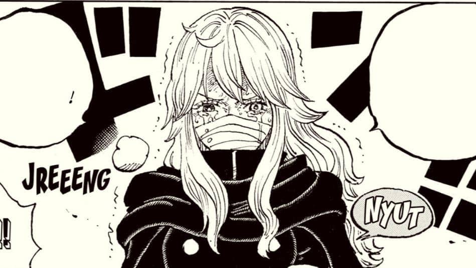 Manmayer Gunko menangis dengan air mata mengalir di wajahnya dalam ilustrasi manga One Piece karya Eiichiro Oda.
