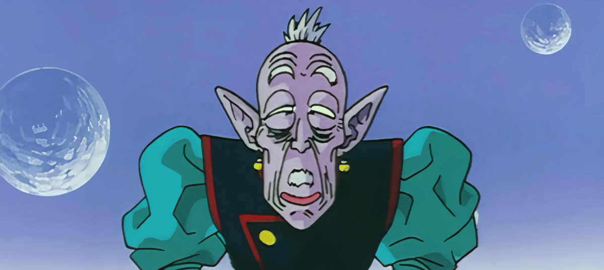 Ilustrasi karakter Old Kai dari Dragon Ball dengan wajah keriput, telinga runcing, dan rambut putih panjang.