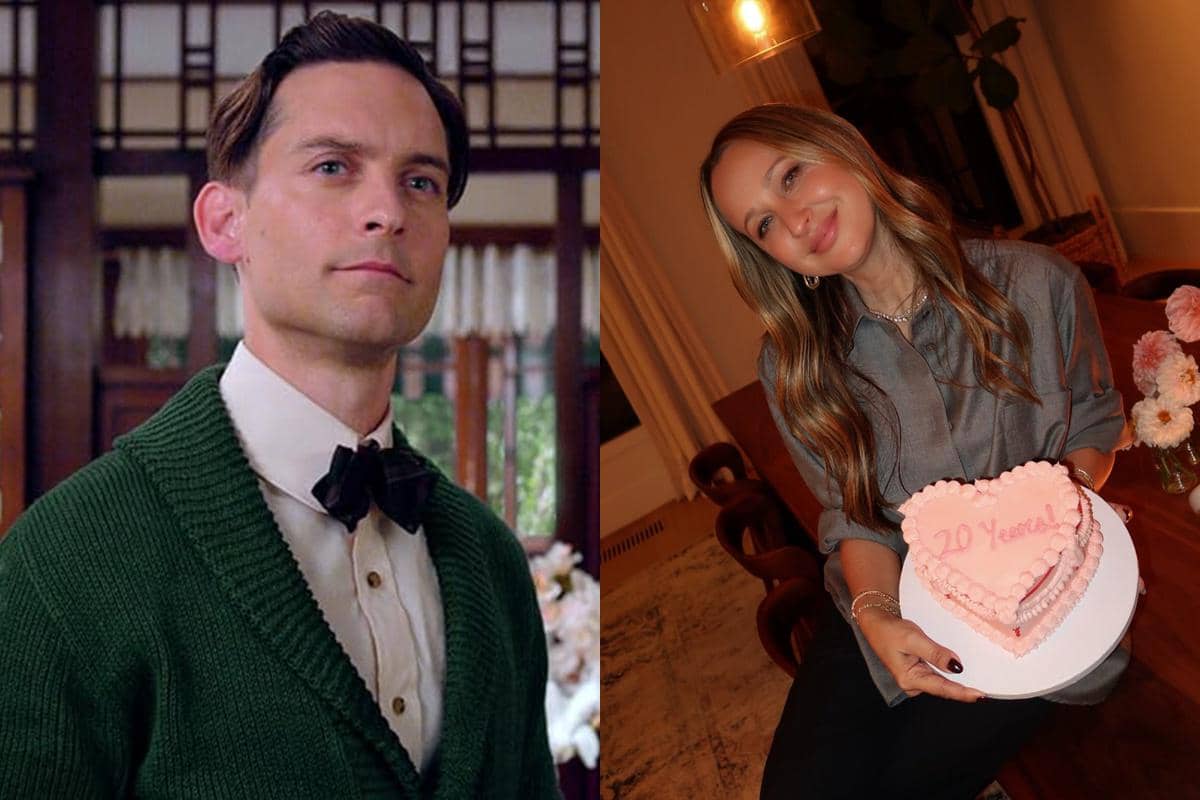 Kolase Tobey Maguire sebagai Nick Carraway dalam The Great Gatsby dan Jennifer Meyer dalam potret berwarna.