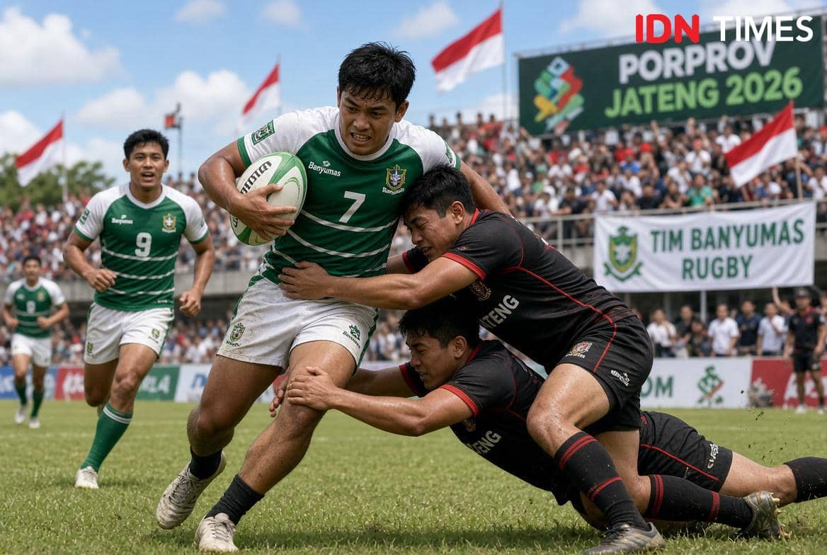 Ilustrasi pertandingan rugby sebagai cabang olahraga baru Porprov 2026, dengan Banyumas menargetkan podium juara.
