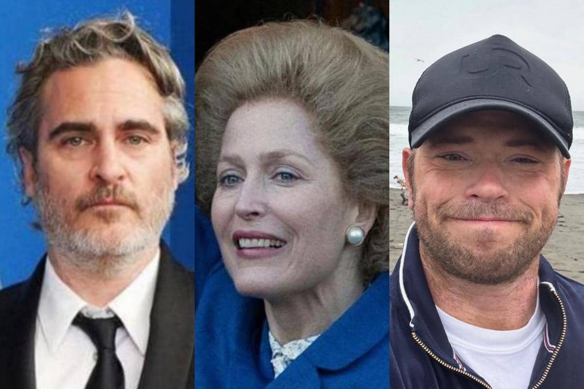 Kolase potret Joaquin Phoenix, Gillian Anderson, dan Kellan Lutz dari Instagram serta materi promosi Netflix.