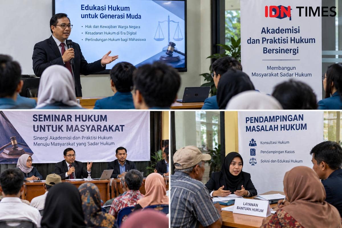 Ilustrasi sinergi akademisi dan praktisi hukum dalam edukasi, seminar masyarakat, serta pendampingan hukum.