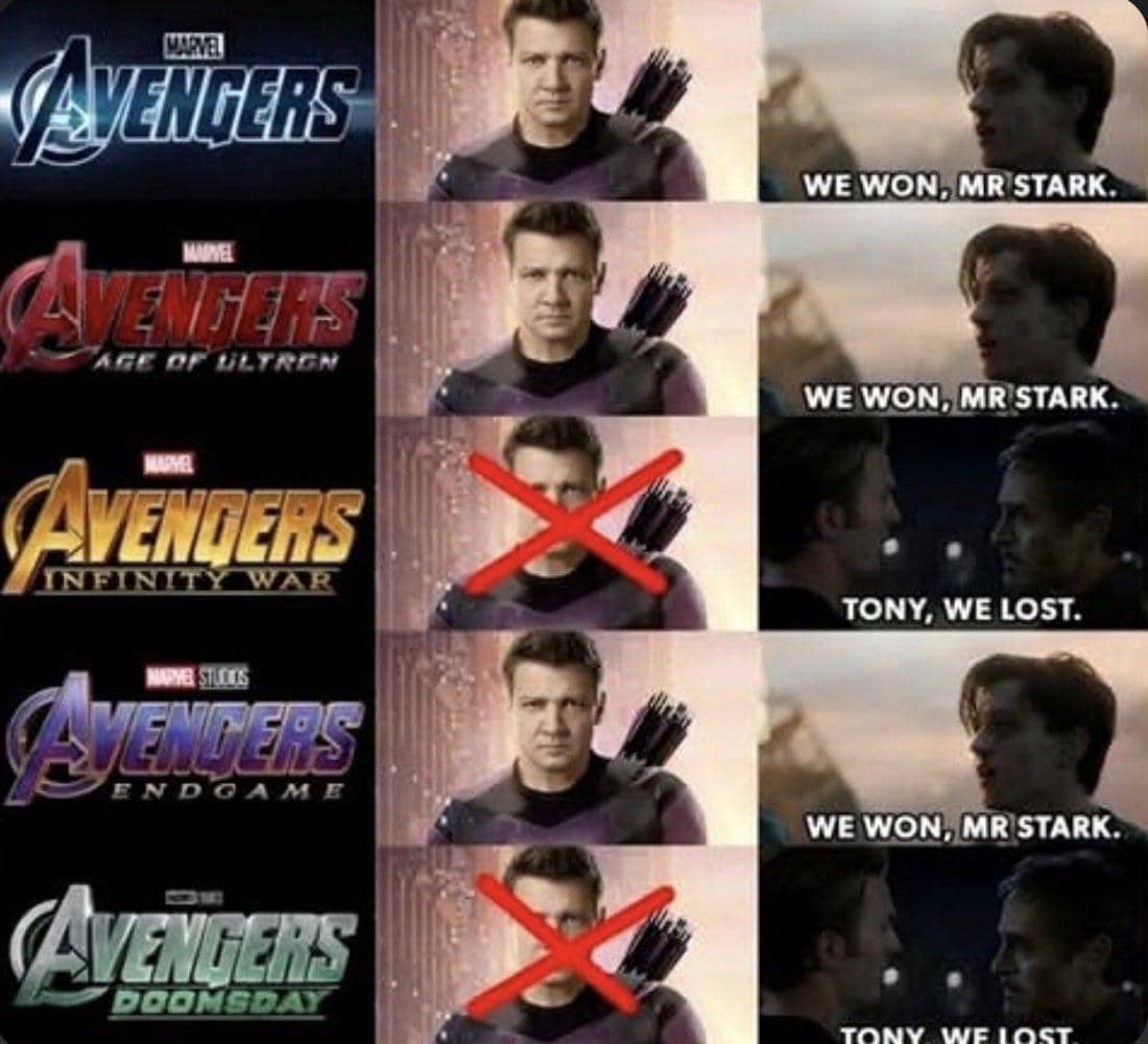 Kolase meme Hawkeye dalam berbagai film Avengers, menyoroti peran karakter pemanah Marvel tersebut.