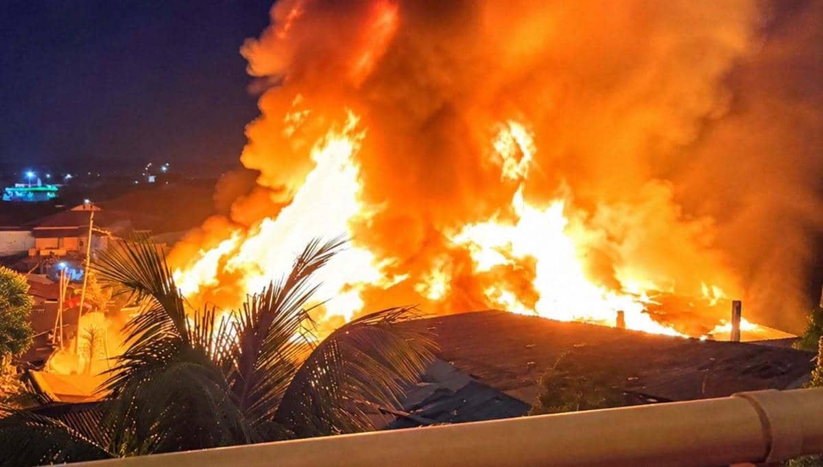 Kebakaran melanda pemukiman padat penduduk di Lingkungan I, Kelurahan Sindulang I, Kecamatan Tuminting, Kota Manado pada malam hari.