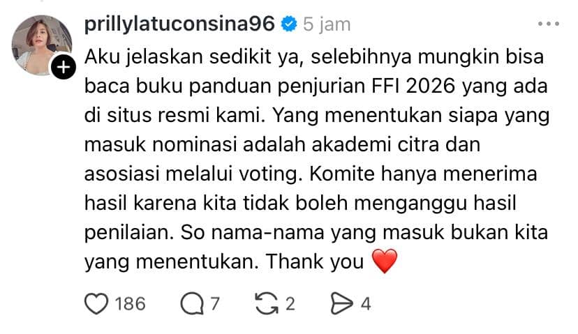Tangkapan layar unggahan Prilly Latuconsina di platform Threads melalui akun prillylatuconsina96.