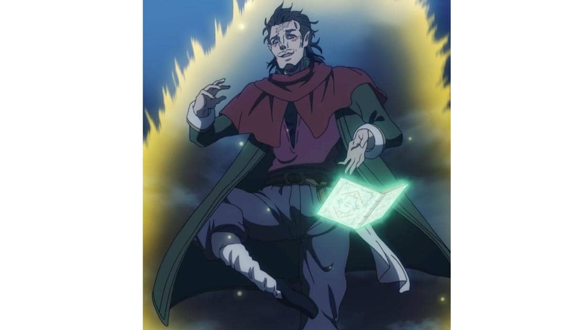 Randall dalam wujud elf dari Black Clover tampil berambut pirang panjang dengan ekspresi serius di latar gelap.