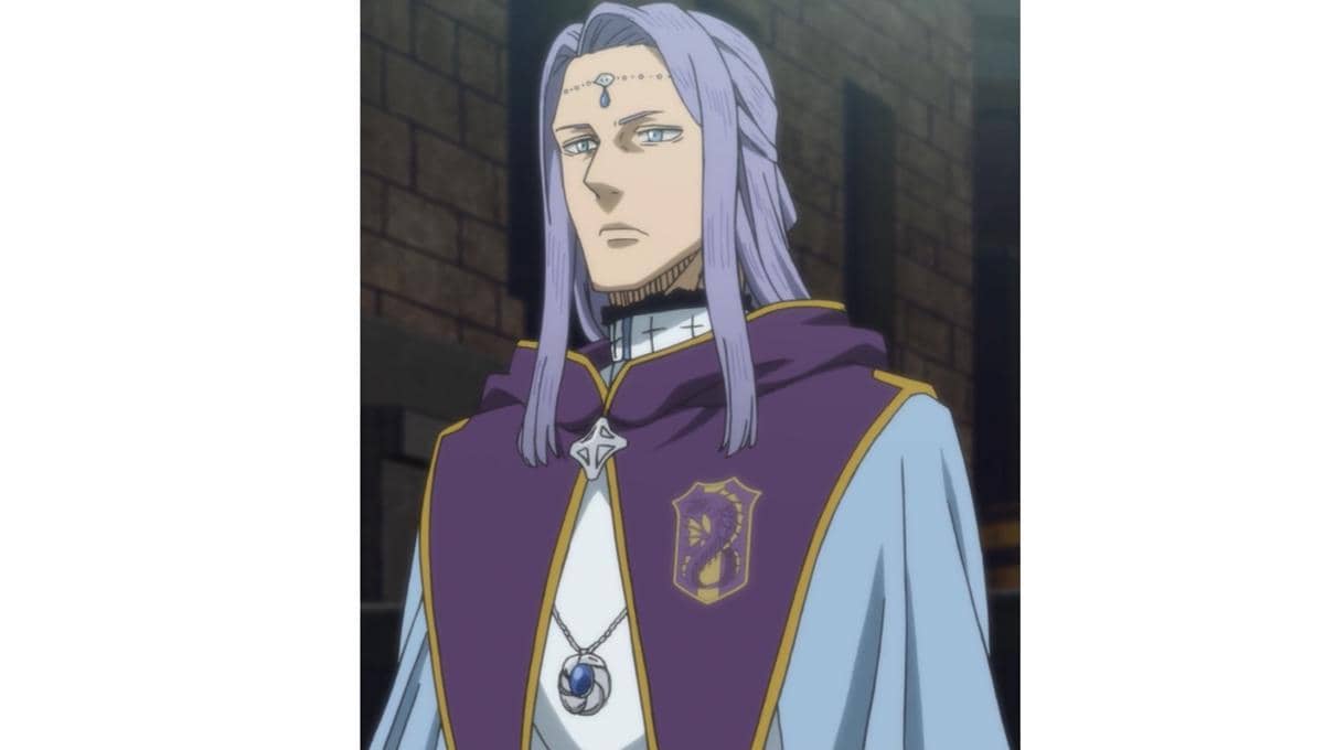 Ilustrasi karakter Xerx, wakil kapten Purple Orca, dalam serial anime Black Clover mengenakan seragam kelompok sihirnya.