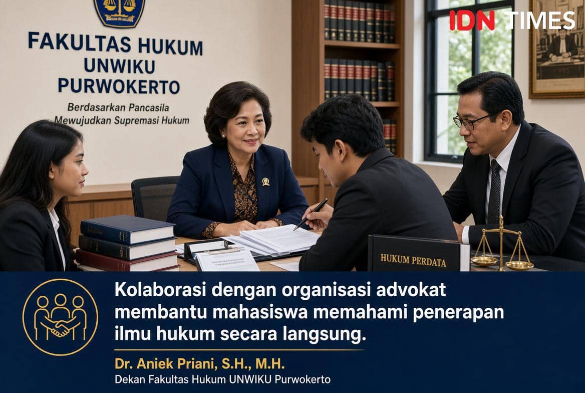 Ilustrasi kolaborasi Fakultas Hukum UNWIKU Purwokerto dengan organisasi advokat untuk pembelajaran mahasiswa.