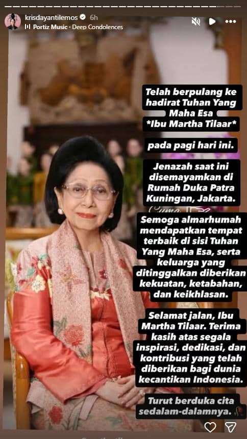 Unggahan Instagram Kris Dayanti berisi ucapan duka cita atas wafatnya Martha Tilaar, disertai potret almarhumah.
