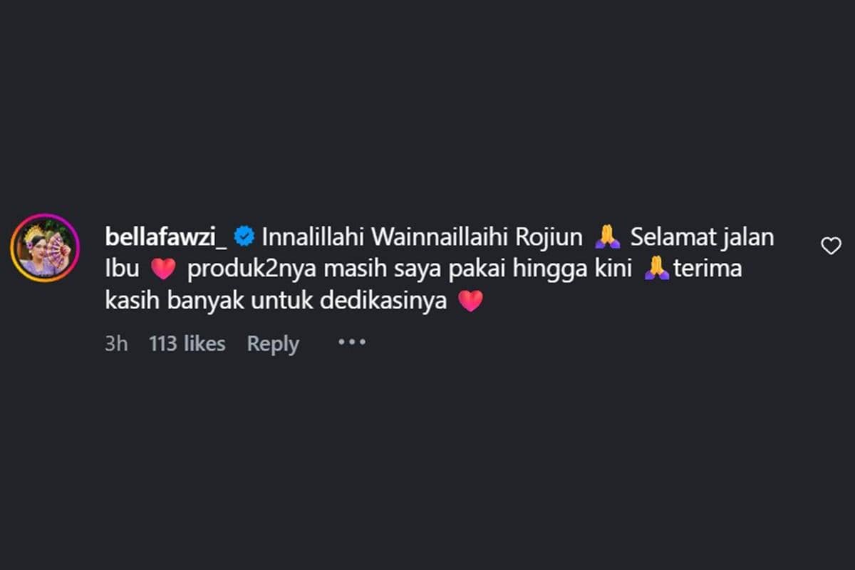 Unggahan Instagram Bella Fawzi berisi ucapan duka cita atas wafatnya Martha Tilaar dari kalangan artis.