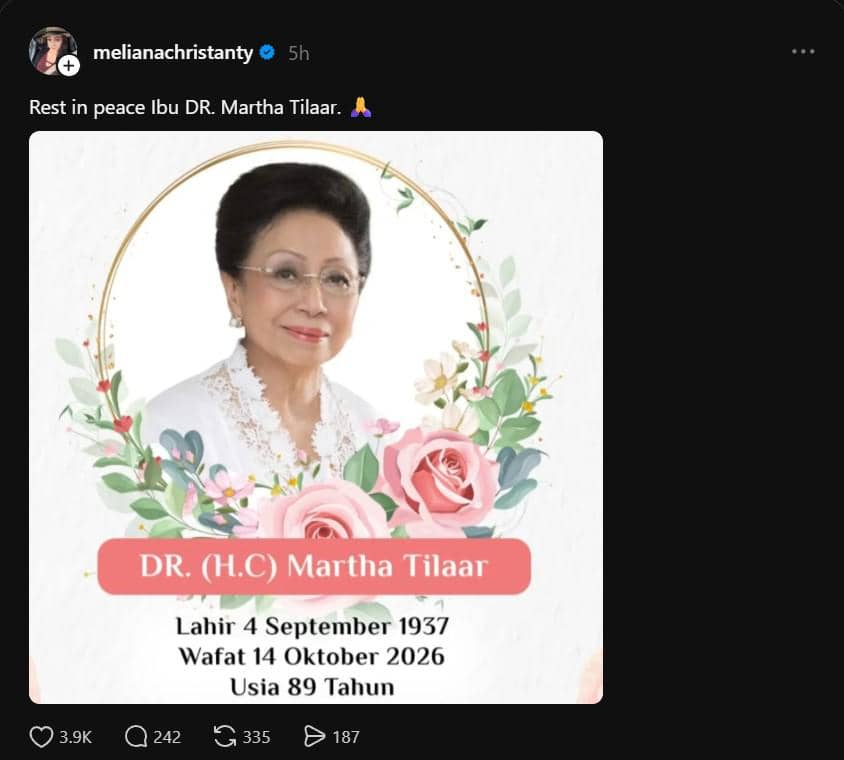 Unggahan Threads berisi ucapan duka dari artis untuk Martha Tilaar yang dibagikan akun melianachristanty.