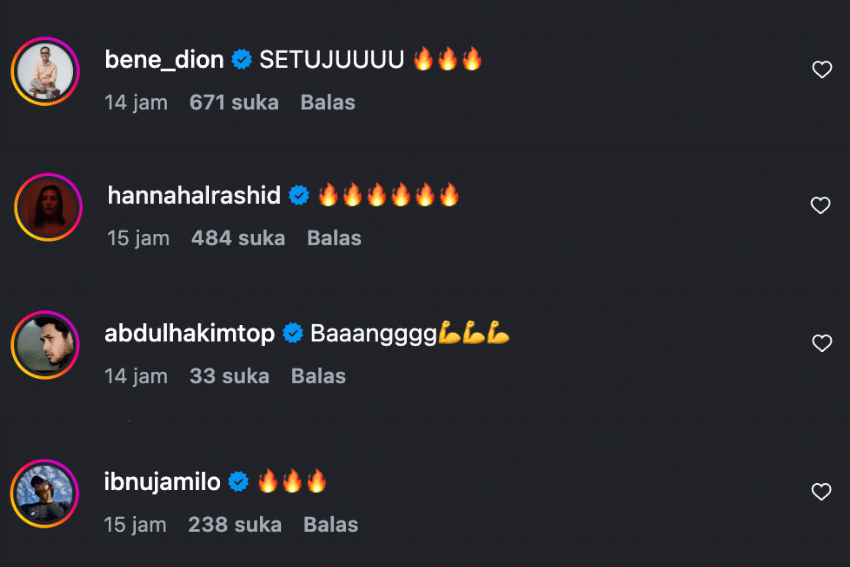 Kolom komentar unggahan Instagram Arie Kriting tentang nominasi FFI 2026 berisi tanggapan dari sejumlah artis.