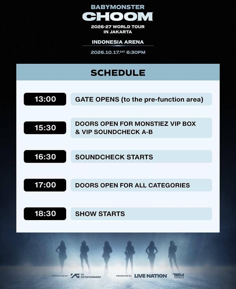 Informasi konser resmi 2026–27 BABYMONSTER WORLD TOUR [춤 (CHOOM)] yang akan digelar di Jakarta.