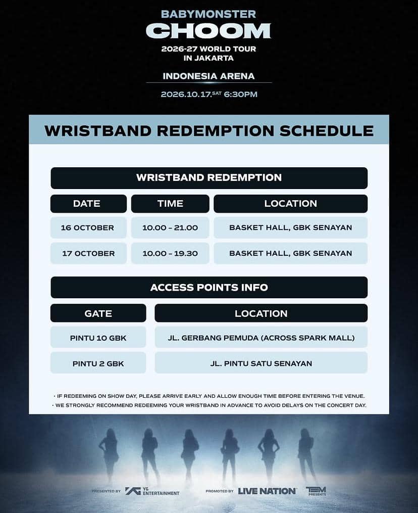 Materi promosi konser 2026–27 BABYMONSTER WORLD TOUR [춤 (CHOOM)] yang dijadwalkan berlangsung di Jakarta.