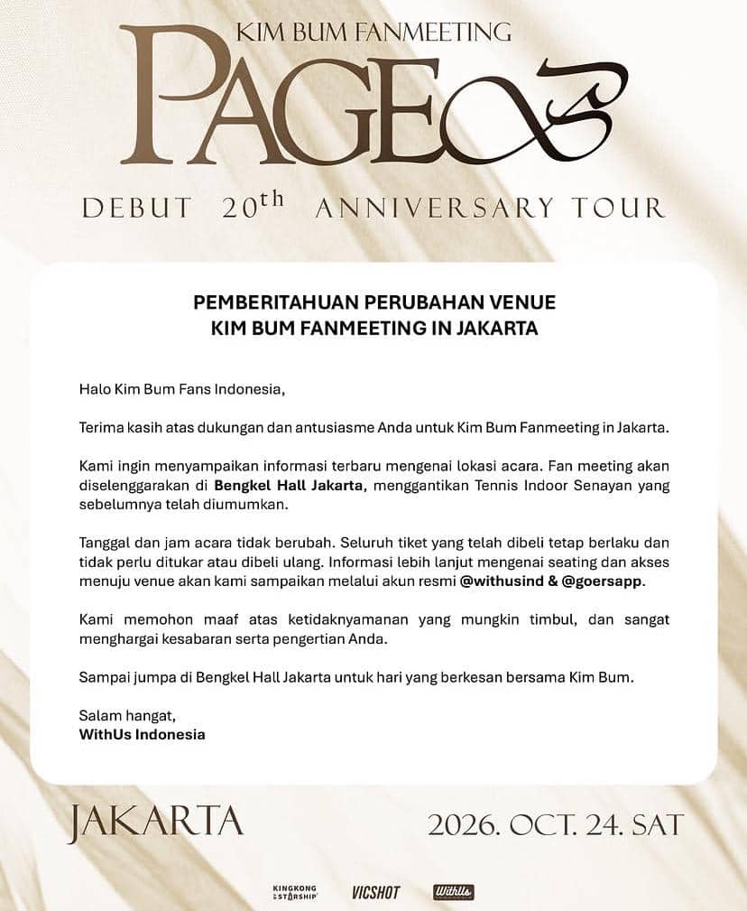 Aktor Korea Selatan Kim Bum menghadiri acara fan meeting bersama para penggemar di Jakarta pada tahun 2026.