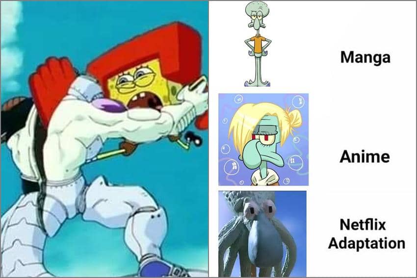 8 Meme SpongeBob tentang Crossover, Squidward Jadi Annie AoT?