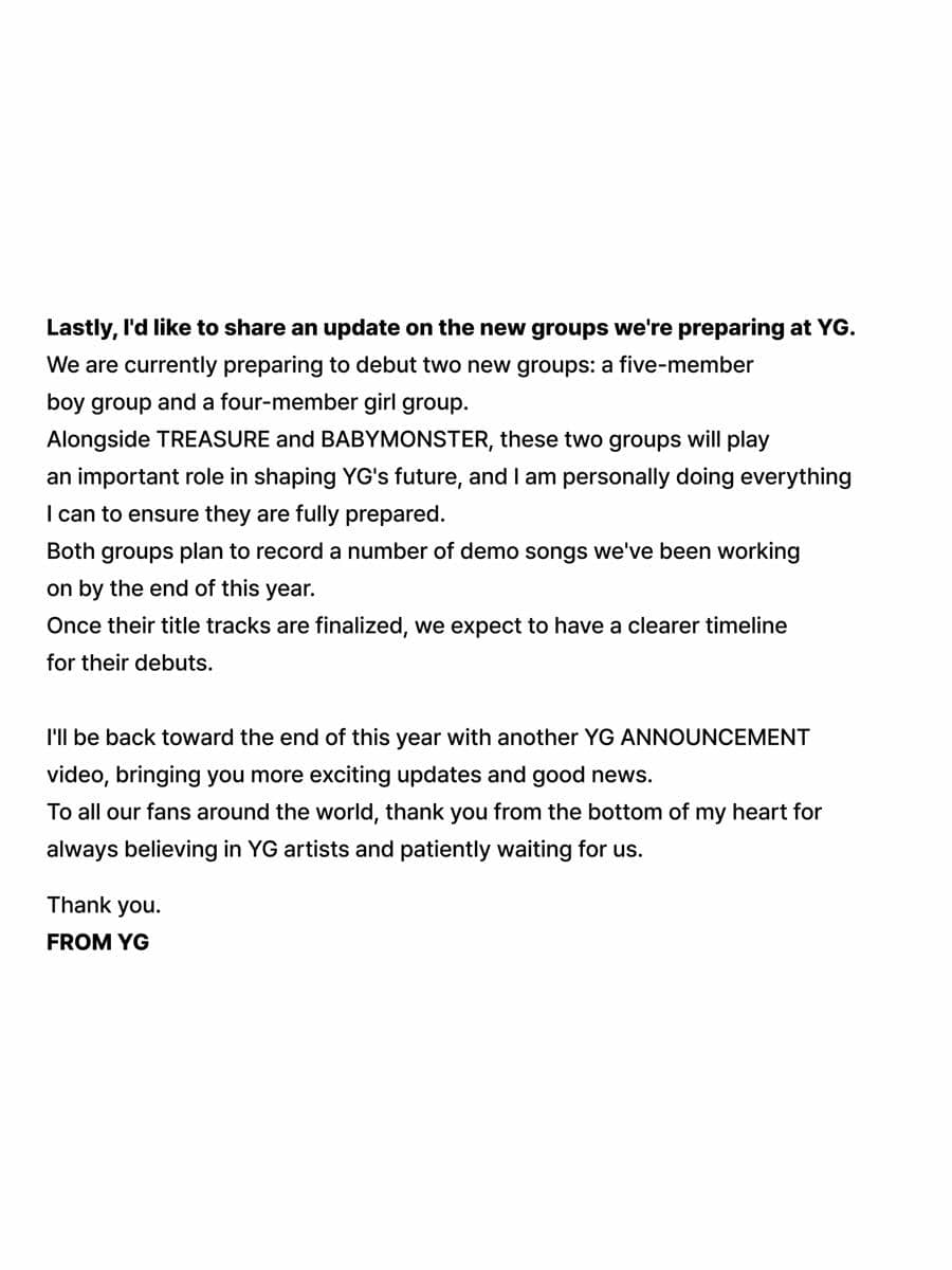Poster YG Entertainment bertuliskan pengumuman mengenai boy group dan girl group baru di akun Instagram.