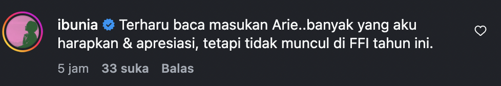 Tangkapan layar kolom komentar artis pada unggahan Instagram Arie Kriting terkait nominasi FFI 2026.