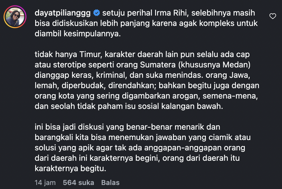 Tangkapan layar kolom komentar artis pada unggahan Instagram Arie Kriting tentang nominasi FFI 2026.