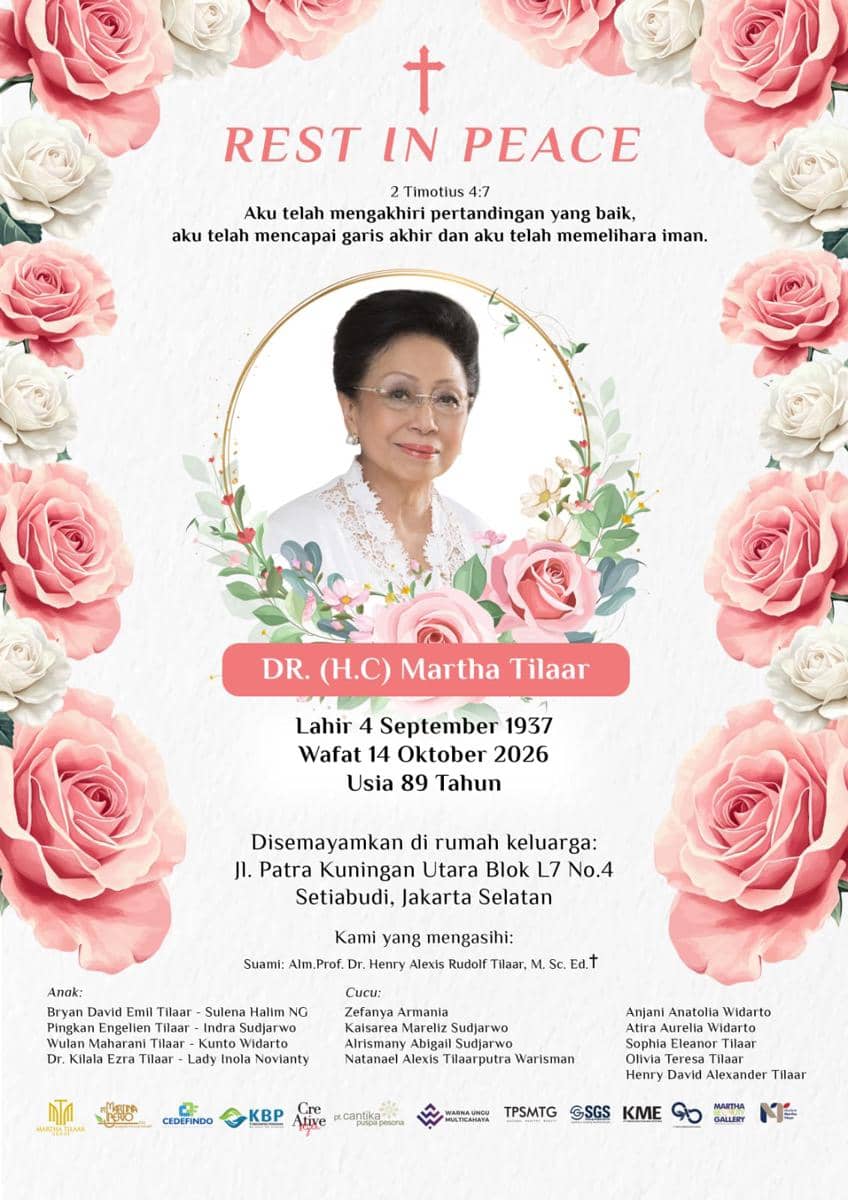 Kabar duka meninggalnya Martha Tilaar diunggah akun Instagram @sariayu-mt, Rabu (14/10/2026).