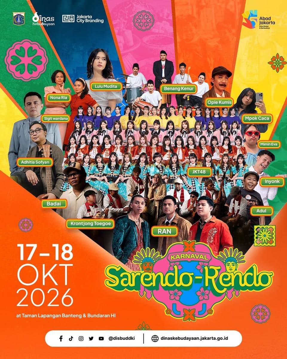 Poster Lineup Karnaval Sarendo-Rendo 2026 yang memuat judul acara serta daftar penampil dalam desain berwarna cerah.